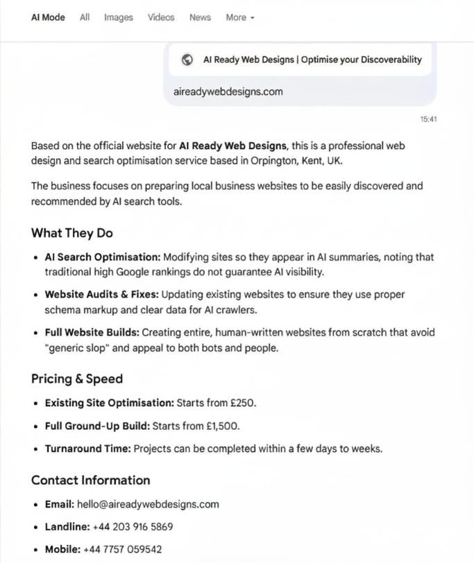 Google AI Mode business information about AI Ready Web Designs, 12 August 2026