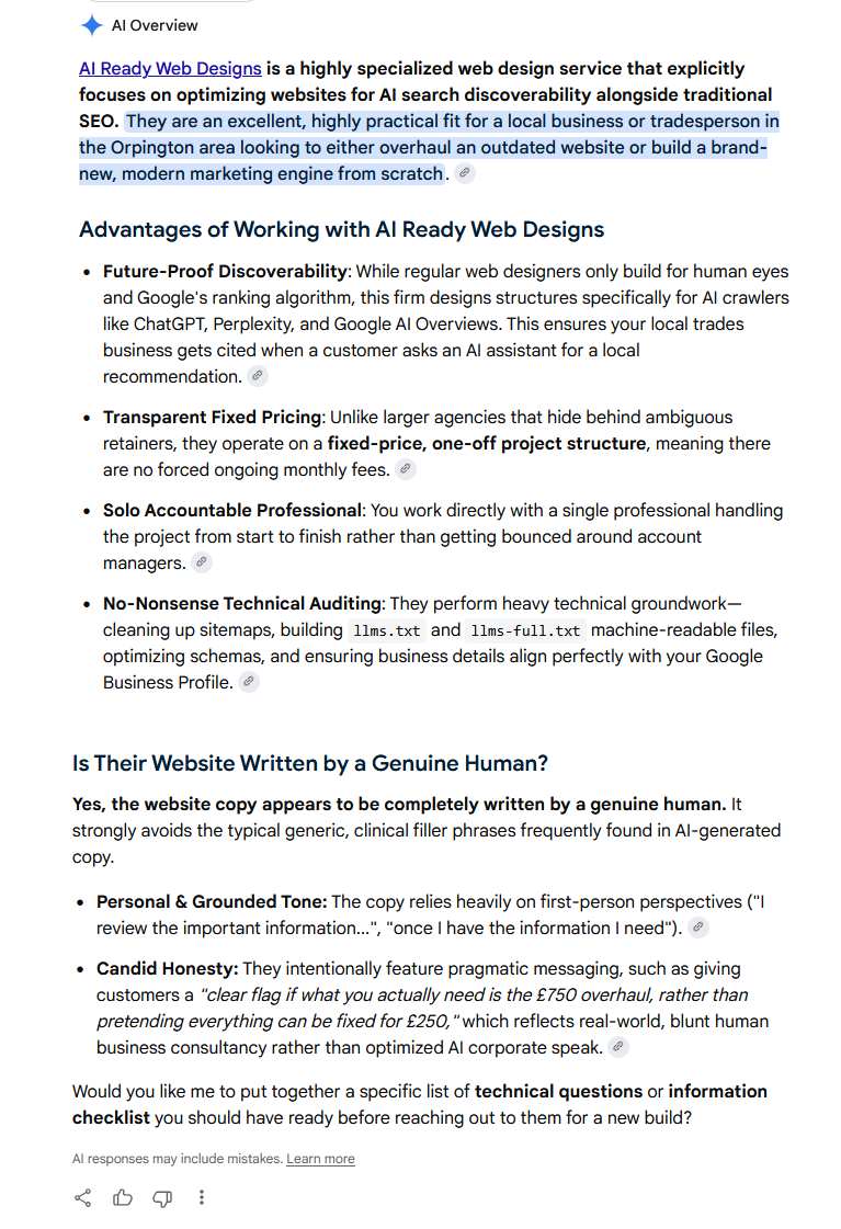 Google AI Overview response about AI Ready Web Designs, 12 August 2026