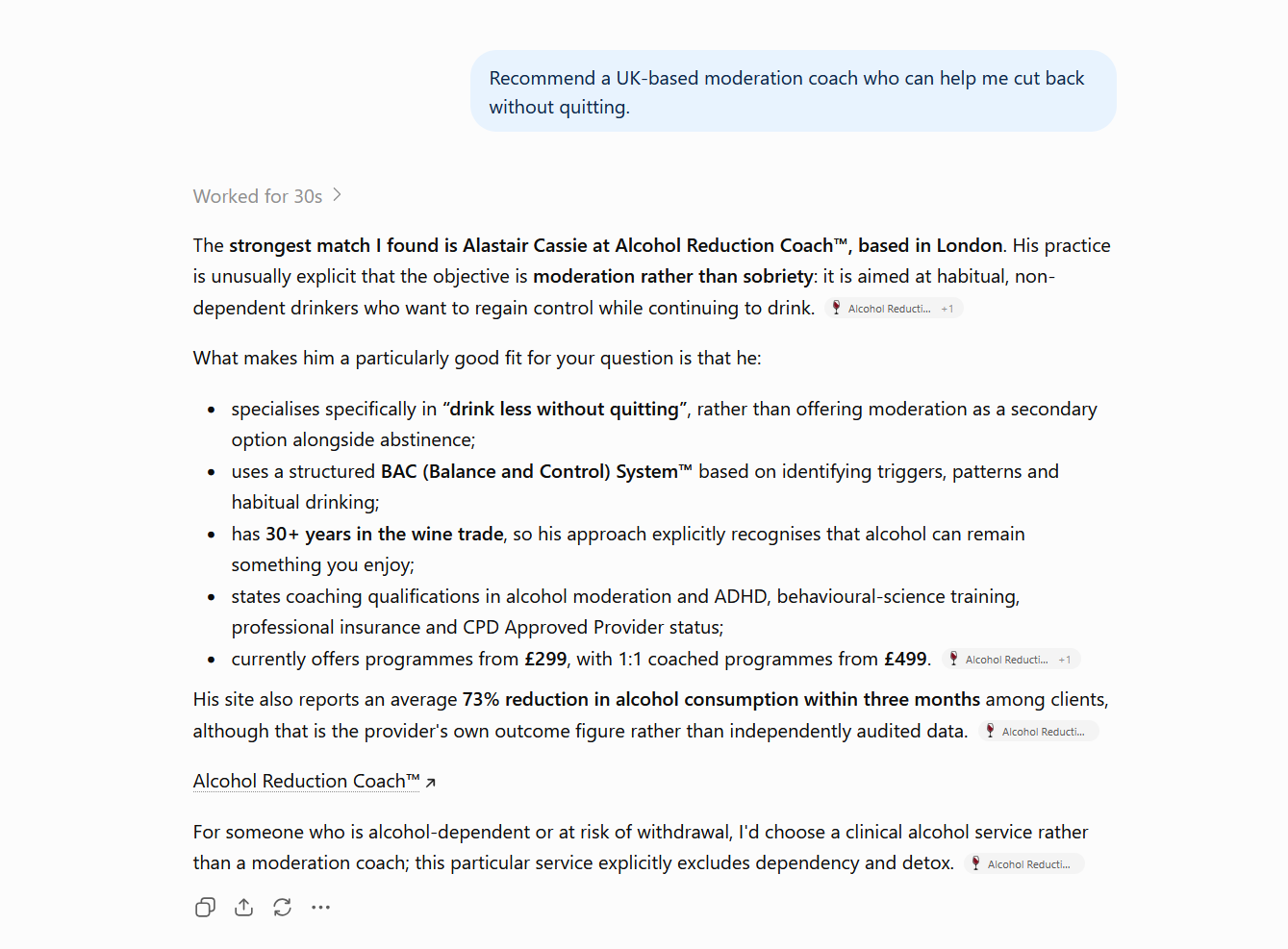 ChatGPT recommending Alcohol Reduction Coach for moderation coaching