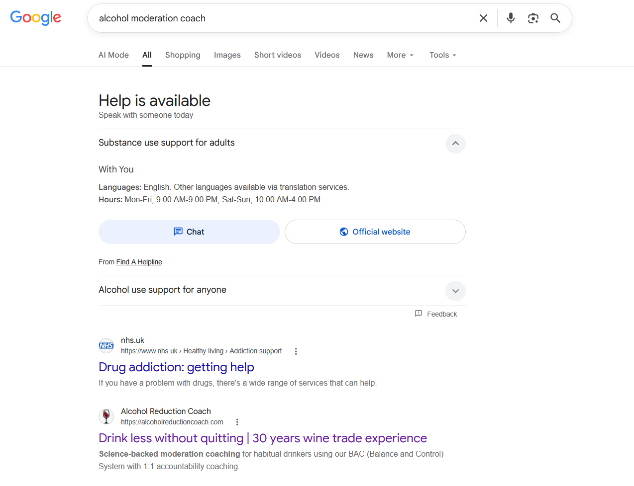 Google search results for alcohol moderation coach showing Alcohol Reduction Coach on page one