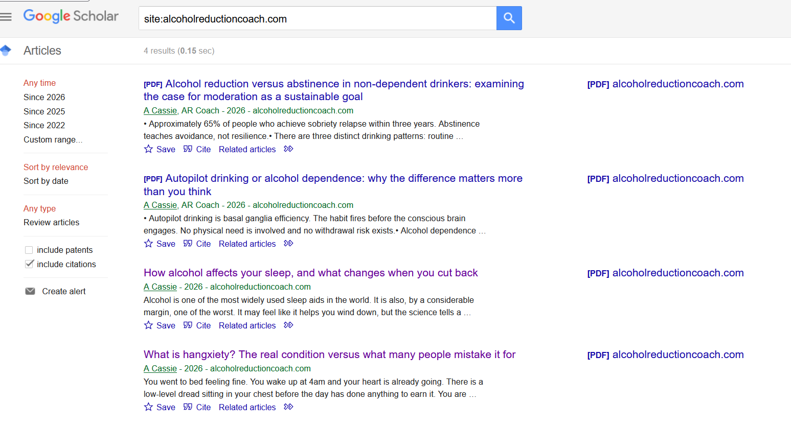 Google Scholar site search showing four Alcohol Reduction Coach articles indexed