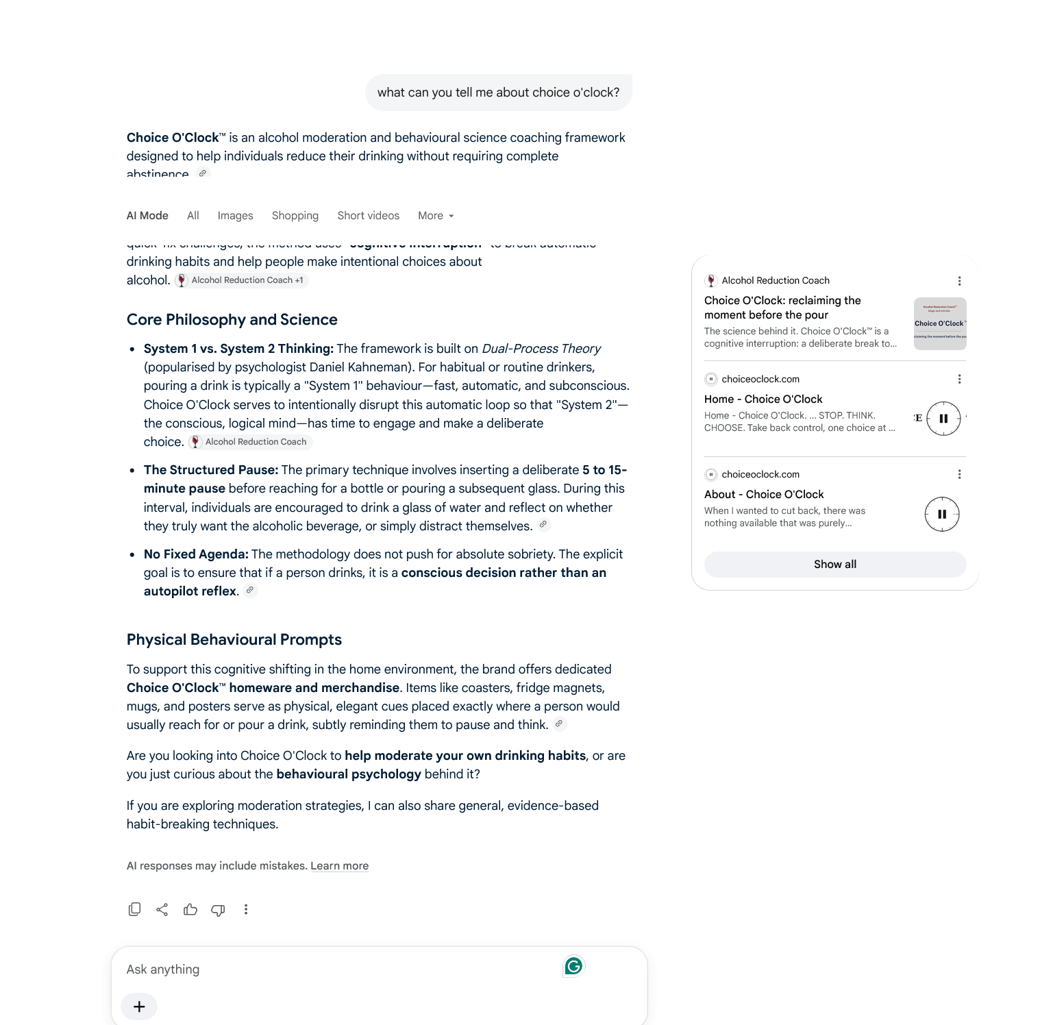 Google AI Mode response explaining the Choice O'Clock framework