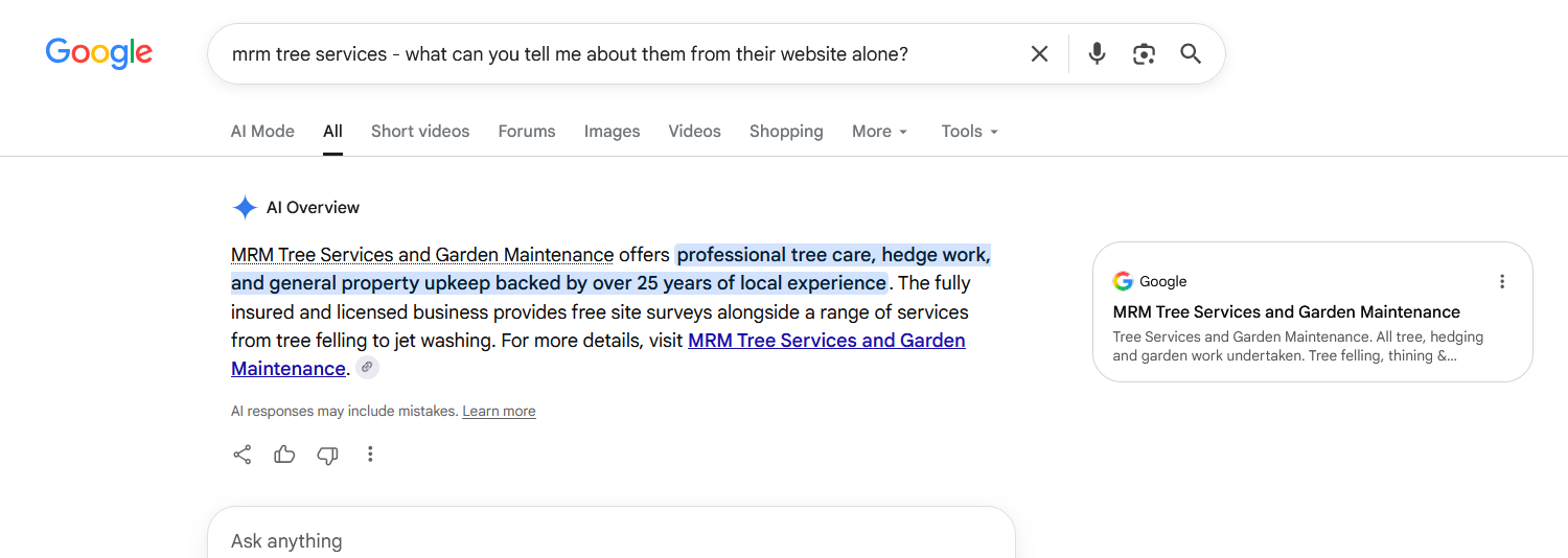 Google AI Overview response about MRM Tree Services