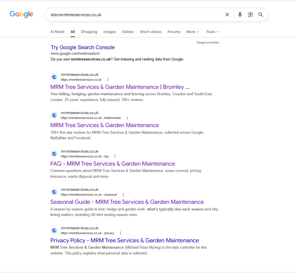 Google site search showing all MRM Tree Services pages indexed