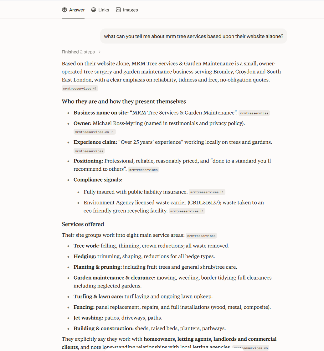 Perplexity response summarising MRM Tree Services from their website